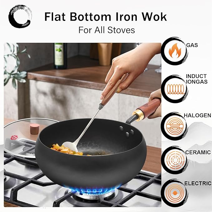 WANGYUANJI Iron Wok Pan 9.5-Inch for 1–2 People, Flat Bottom Stir Fry Wok with Lid & Spatula,Uncoated & Unseasoned Bare Iron, Heavier Design for High-Heat Cooking, Induction Compatible