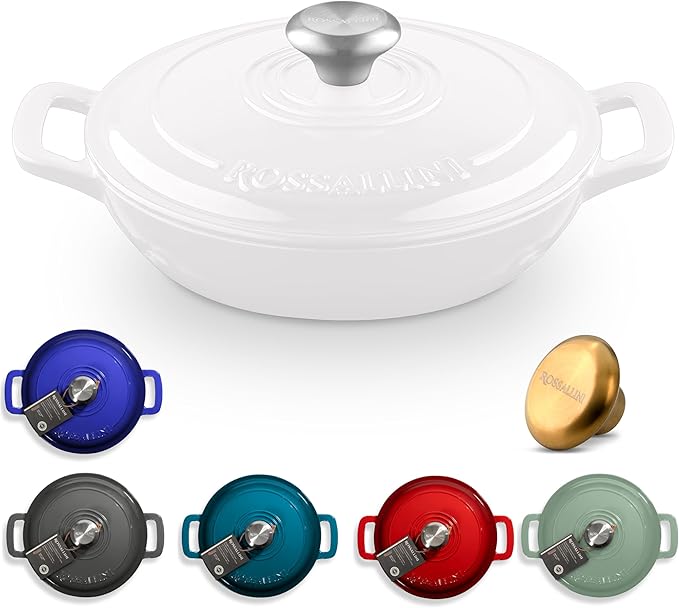 ROSSALLINI Signature Enameled Cast Iron Braiser, Non-Stick Serving Pot with Tight Fitting Lid for Perfect Roasting, Baking, Sauteing, Searing, and Pan Frying | 1.5Q (1.4L) - White