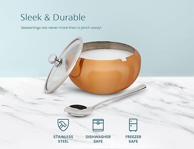KooK Sugar Bowl, Sugar Bowl with Lid and Spoon, Sugar Container with Lid, for Salt, Coffee, Holds 2 Cups, Dishwasher Safe, Copper, 16 Oz
