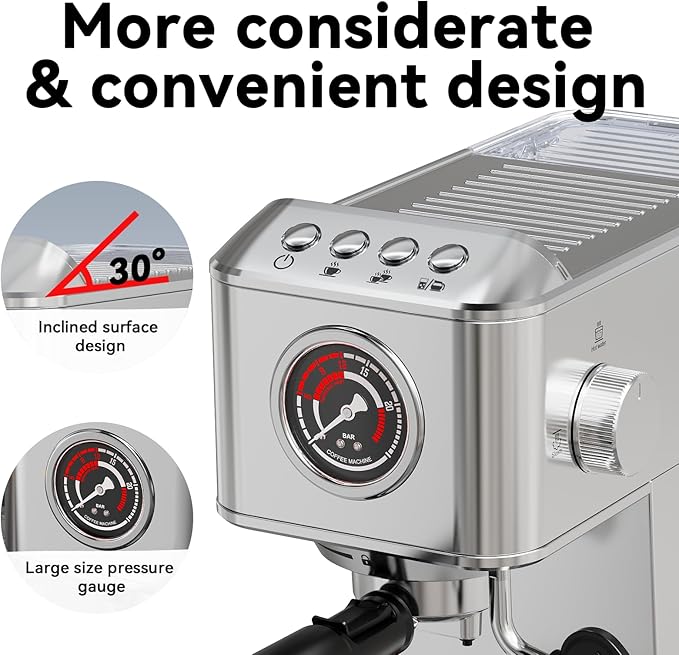 TINTALK EM623 Espresso Machine 20 Bar with Steam Milk Frother, Stainless Steel Coffee Machine with Removable Water Tank for Cappuccino,Latte, Compact Stainless Steel Coffee maker for home,Great Gift