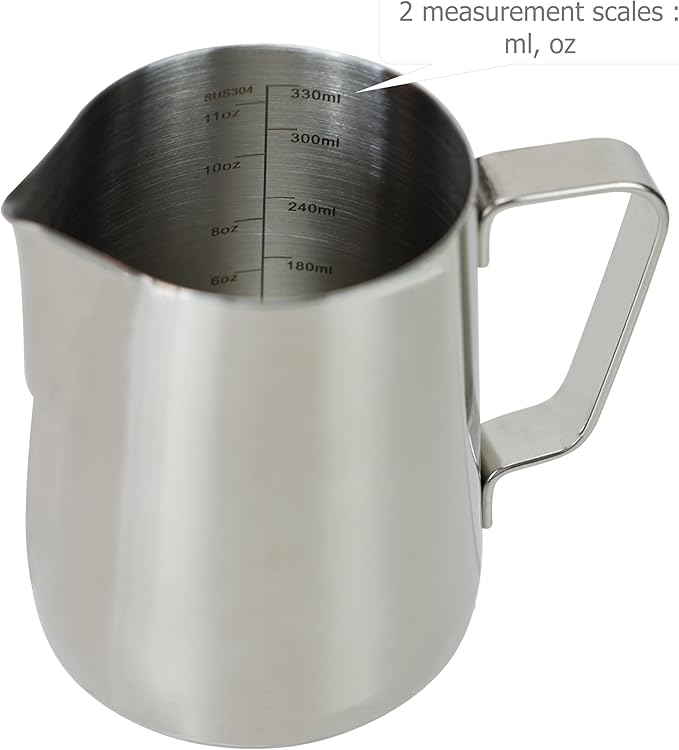 EIKS Stainless Steel Measuring Cup Steaming Pitcher Milk Frothing Jug with Handle, Pour Spout and ML/Ounce Scale (350ml)