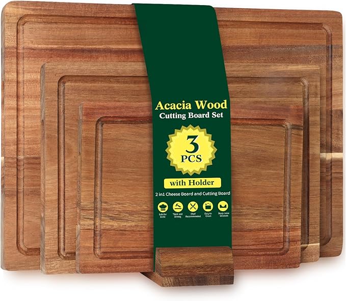 Acacia Wood Cutting Boards for Kitchen Set of 3, Chopping Board with Holder, with Deep Juice Groove Grip Handles, Charcuterie Boards, for Meat, Vegetables and Fruits and Cheese (Set A of 3)