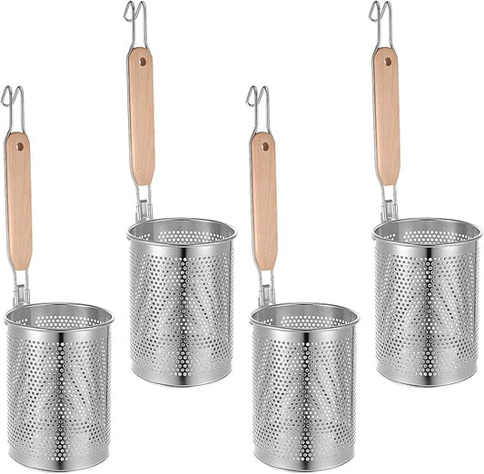 4pcs Pasta Strainer 15'' × 5.5'' Stainless Steel Pasta Basket Mesh Cooker with Wood Handle Kitchen Mesh Spider Noodle Strainer Skimmer for Boiling Food Dumpling Noodle Blanching Basket