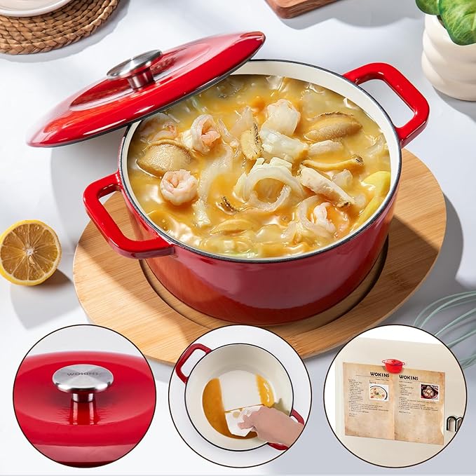 WOKINS Enamel Cast Iron Dutch Oven with Lid,Dual Handles,Heavy-Duty Cookware for Sourdough Bread Baking,Braising,Stews,Roasting,Oven Safe up to 500° F,5QT,red