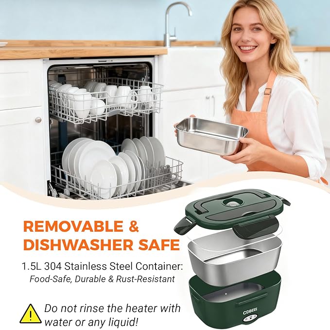 Electric Lunch Box Food Warmer-80W Fast Heating, 1.5L Leak-Proof 304 SS Container,12V/24V Car/Truck & 110V Home/Office, Portable for Drivers/Workers, Ideal for Trips/Work Lunches（Dark-green）