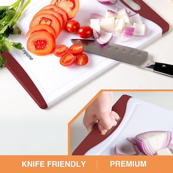 Extra Large Cutting Boards, Plastic Cutting Boards for Kitchen (Set of 4) Cutting Board Set Dishwasher Chopping Board with Juice Grooves Easy-Grip Handles, Red, Empune