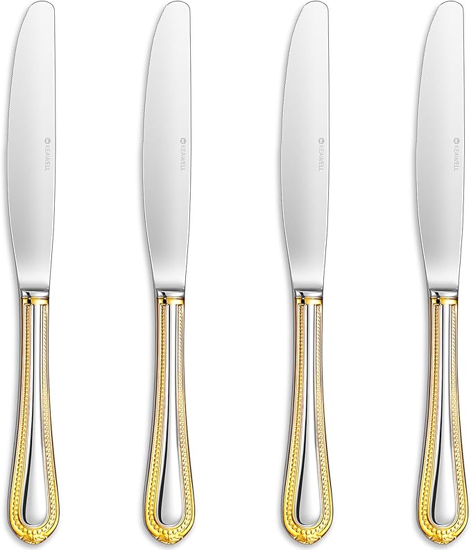KEAWELL Pearl Edge 4-Piece Premium Dinner Knives: Stainless Steel Table Knives with a Refined Bead Design, Brightly Polished, 9.6 Inches, Dishwasher Safe. (Gold Accent)
