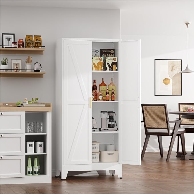 Kitchen Pantry Cabinet with Barn Doors,61" H x 27.5" W,Metal Farmhouse Storage Cabinet with Adjustable Shelves,4-Tier Storage Cabinet for Kitchen Dining Room Garage Office,White