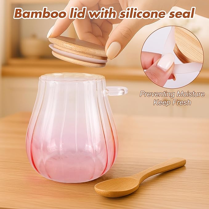 Arrozon 15 oz Pink Sugar Bowl with Bamboo Lid and Spoon,Pink Kitchen Decor and Accessories,Glass Jar with Airtight Lid, Brown Sugar Keeper, Sugar Container for Coffee Bar and office