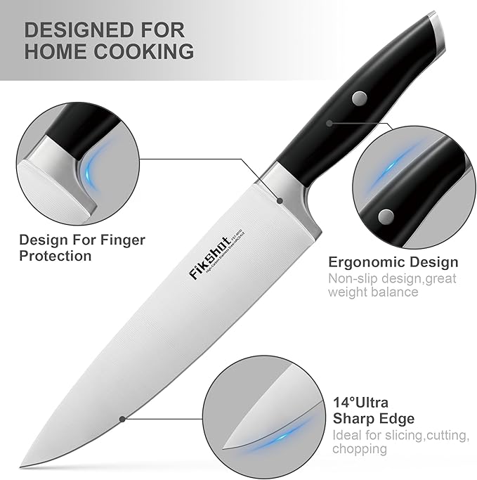 Knife Block Set, FIKSHOT Kitchen Knife Sets, High Carbon Stainless Steel Full Tang, Razor-Sharp Blade Rust Resistant, Professional Chef's Knives for Home Cooking (BLACK)