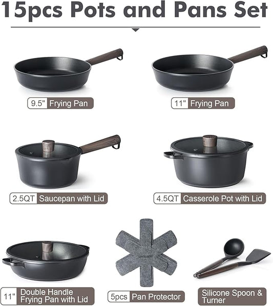 SENSARTE Nonstick Cookware Set Pots and Pans Set Kitchen Non-stick Cooking Set, Dishwasher & Oven Safe, Induction Compatible, Free of Intentionally Added PFOA/PFOS, 15pcs, Black