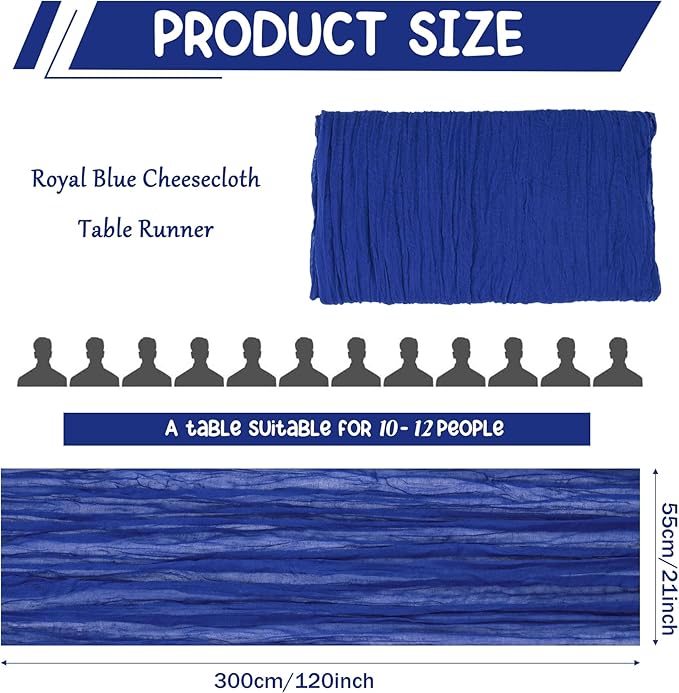 10 Pack Royal Blue Cheesecloth Table Runner 10FT Boho Gauze Fabric Table Runner Vintage Rustic Sheer Runners for Wedding Party Bridal Baby Shower Long Table Decorations