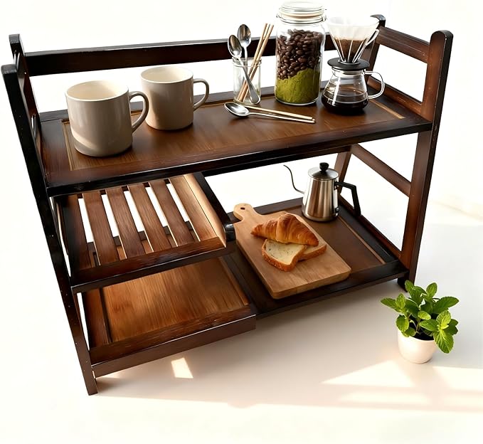 3 Tier Bamboo Matcha Station, coffee station organizer Shelf with Drawer for Kitchen Countertop, Tea Bar - Matcha Powder, Tools & Cup Organizer for Matcha Lovers, Home Baristas.