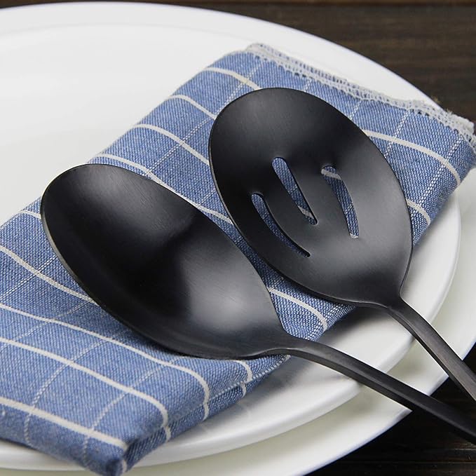AOOSY 8.7 Inch Matte Black Stainless Steel Serving Spoon Set, Serving Spoons x 1, Slotted Spoons x 1 Utility Advanced Buffet Utensils