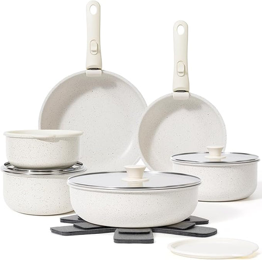 18 Pcs Pots and Pans Set Non Stick, Cookware Sets with Detachable Handle, Nonstick RV Kitchen Cooking Tools Removable Handles, Oven Safe, Induction Fast, Stackable Induction Cookware, White