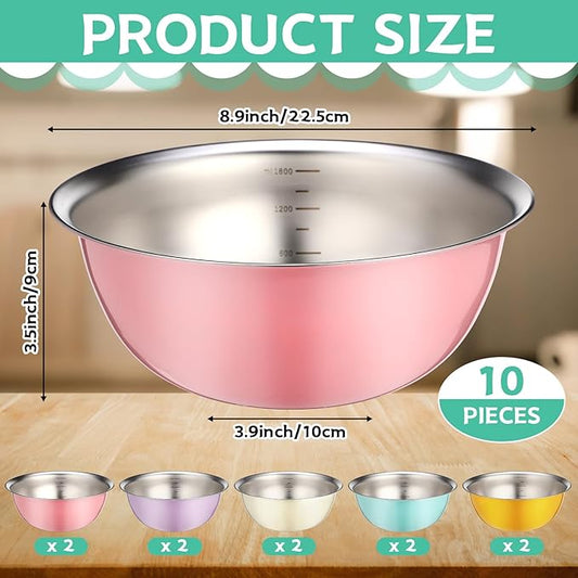 10 Pcs Stainless Steel Mixing Bowls 68 oz Metal Salad Bowls with Graduations Reusable Baking Food Containers Nesting Camping Bowl for Ice Cream, Salad, Soup, Baking, Sauces(8.9 x 3.5 Inch)