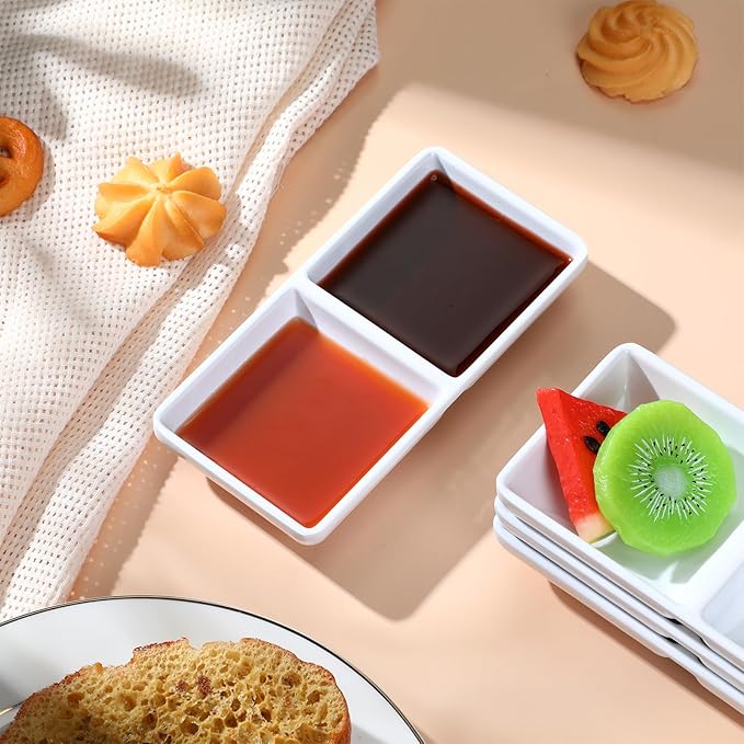 Gejoy 12 Pcs Dual Dipping Sauce Bowls Soy Sauce Dish Bowls Two Compartments Party Trays Divided Fondue Plates for Restaurant Kitchen Sushi Soy (White)