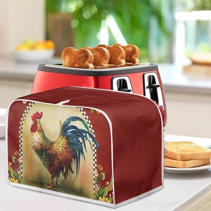 Annejudy Sunflower Rooster Toaster Cover for 4 Slice, Chicken Print Small Kitchen Appliance Dust Cover for Toasters, Microwave, Bread Maker