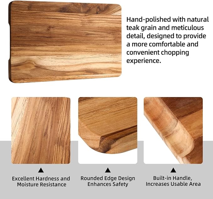 YUSOTAN Teak Wood Cutting Board Set of 3 for Kitchen, Thick Chopping Board, Large Wooden Cutting Board Set, Wooden Trays for Turkeys, Meat, Fruit and Cheese