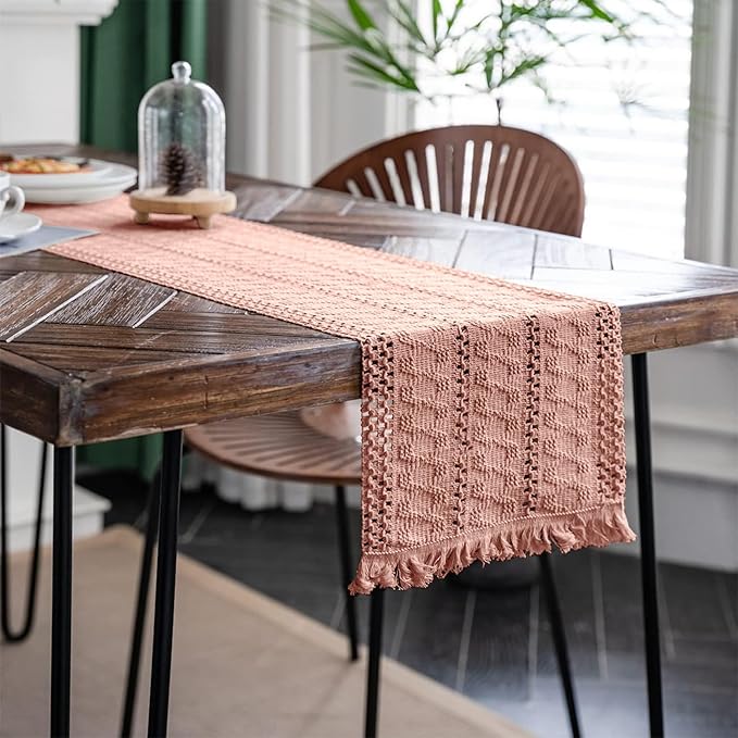 Alynsehom Macrame Table Runner Pure Pink Boho Table Runners with Tassels Hand Woven Cotton Table Runner Rustic Farmhouse Table Runners for Bohemian Kitchen Dining Table(12x71in)