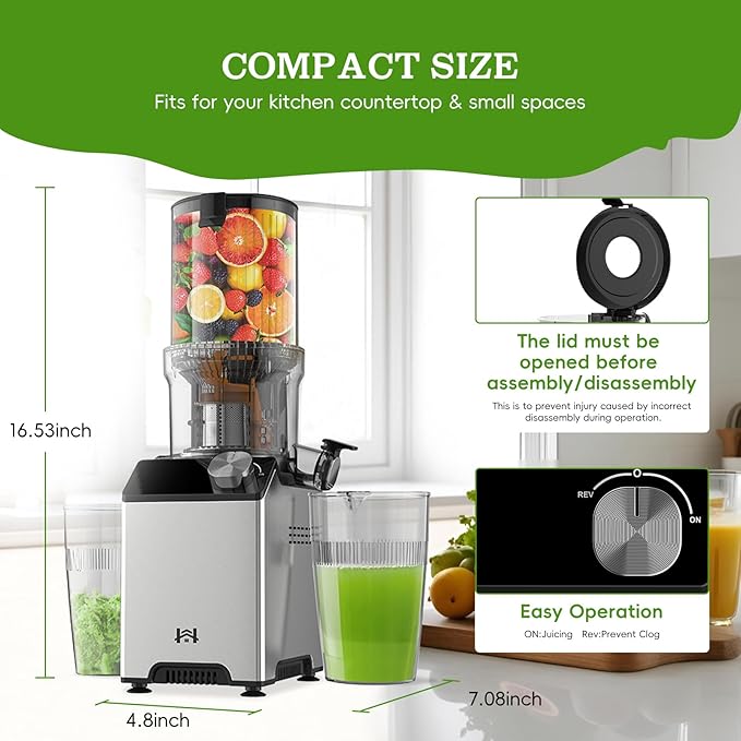 WHUTO Cold Press Juicer, Wide Feed Chute Juicer Machines, Stainless Steel Slow Masticating Juicers Easy to Clean, Vegetables & Fruits Juice Extractor, High Juice Yield, Gray Knob