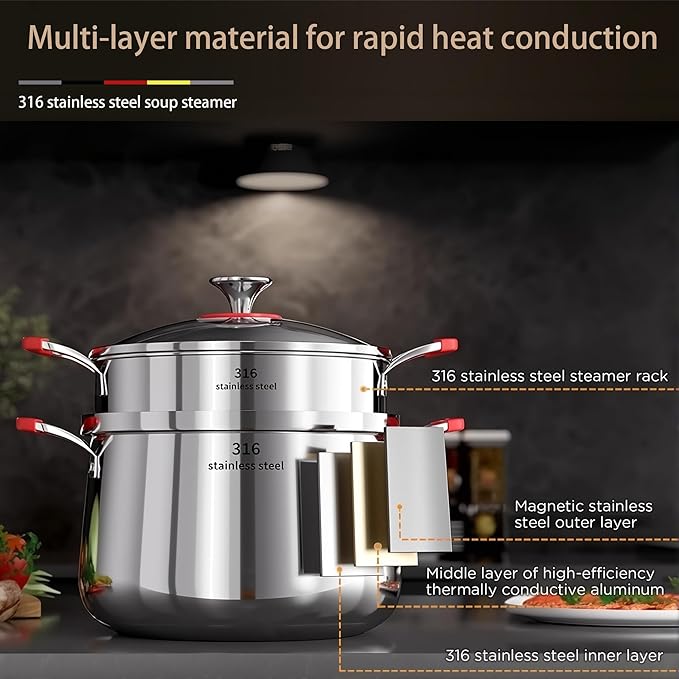 5 Qt Stainless Steel Stock Pot, Fast Heating 316 Thickened Clad with Glass Lid, Induction Gas Electric Ceramic Halogen Compatible Stew Pot (1 Tier, 22cm)