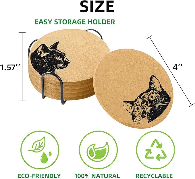 Coasters for Drinks with Holder Set of 6, Curious Cat Cork Coaster Absorbent for Office Desk Cat Table Coasters Kitchen Decor House Warming Gifts for New Home Couples, Round 4"