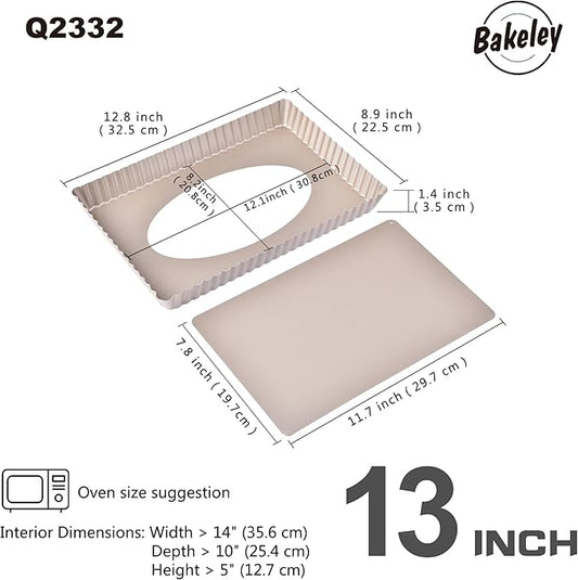 Bakeley Rectangle Tart Pan, 13-Inch with Removable Loose Bottom Non-Stick Oblong Quiche Bakeware for Oven Baking (Champagne Gold)