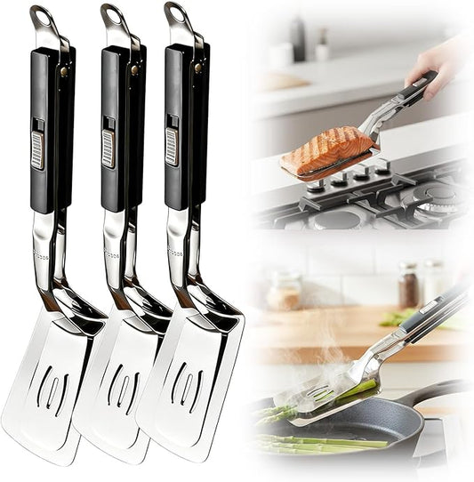 2026 New Stainless Steel Grill Clamp, Upgrade 13.3 Inch Anti-Scald Extended Handle Spatula Tong, Multi-Functional Stainless Steel Barbecue Clamp Food for Flipping Steak Fish Bread BBQ Frying (3pcs)