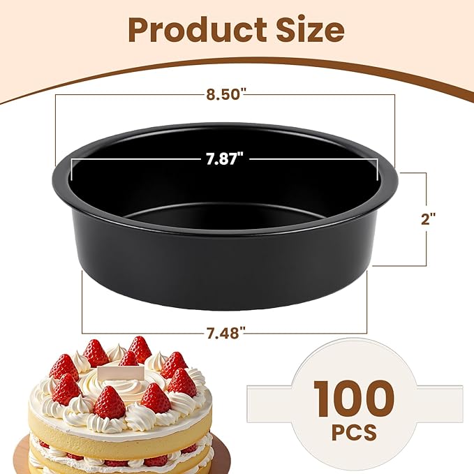 tutikuki 8 Inch Round Cake Pan Set of 3 - Nonstick Carbon Steel Cake Baking Pans with 100 PCS Parchment Paper, Dishwasher Safe, Durable for Layer Cakes, Birthday & Christmas Baking