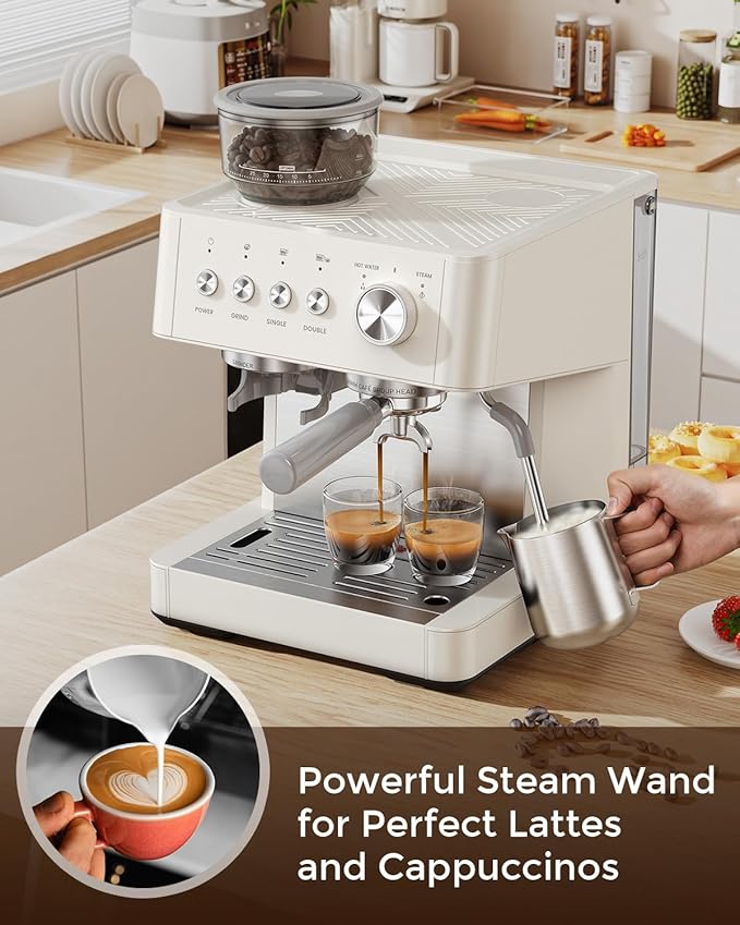 Electactic 20 Bar Espresso Machine with Built-in Anti-Clog Coffee Grinder, Expresso Coffee Machines with Milk Steam Wand/Frother/Tamping Tools,Espresso Maker with Grinder for Lattes-White