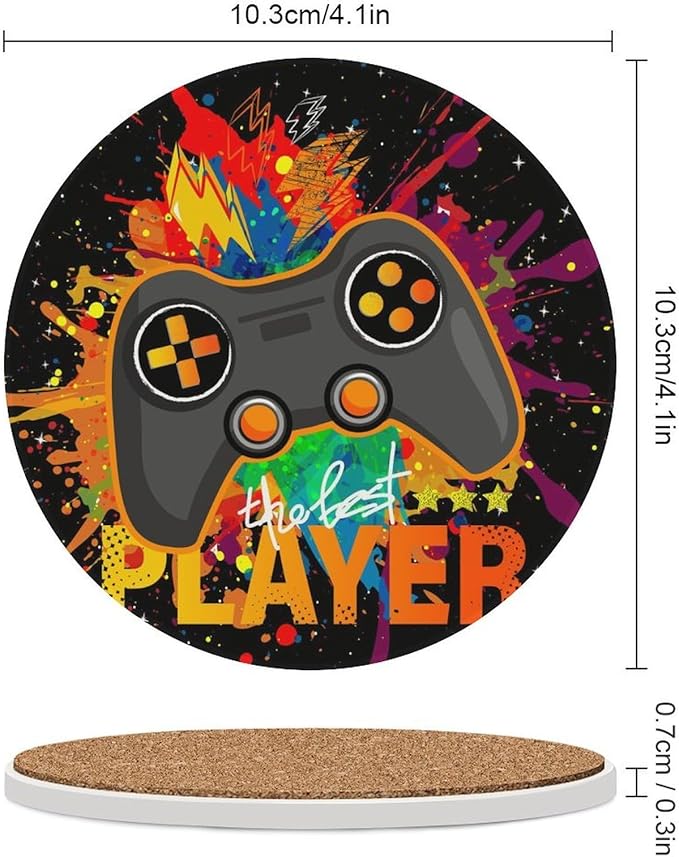 Round-6PCS Gamer Drink Coasters, Round Modern Ceramic Absorbent Coasters, Kids Cool Gamepad Colorful Game Controller Gaming Gamer Decor Desk Coffee Table Coaster for Beverage Cup Tea Coasters