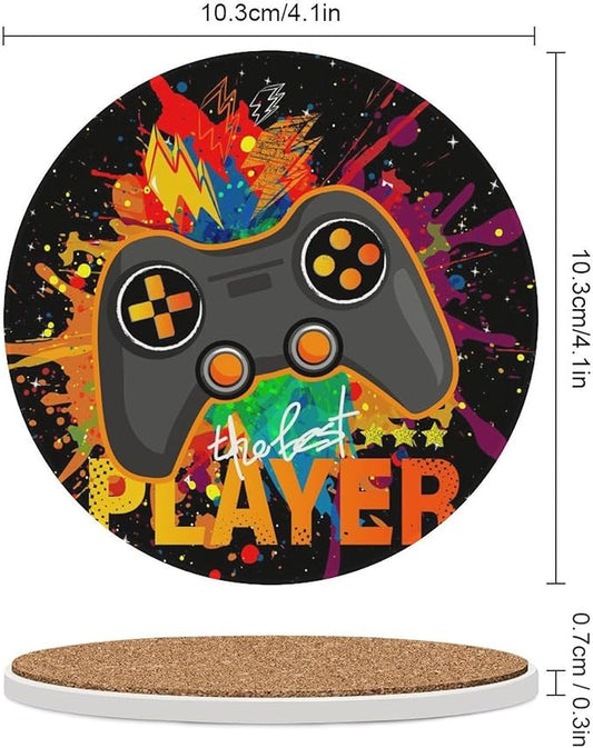 Round-6PCS Gamer Drink Coasters, Round Modern Ceramic Absorbent Coasters, Kids Cool Gamepad Colorful Game Controller Gaming Gamer Decor Desk Coffee Table Coaster for Beverage Cup Tea Coasters