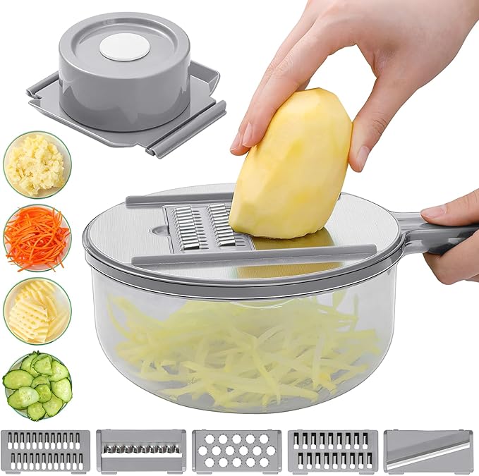 Mandoline Slicer with Hand Protector, Interchangeable Blade Vegetable Slicer Mandoline, Cucumber Slicer with Colander for Potato, Tomato, Carrot (Grey)