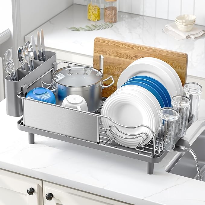 Stainless Steel Dish Drying Rack - Grade Large Capacity Kitchen Counter Organizer with Drain Board, Utensil Holder & Detachable Cup Shelf, 304 Surgical-Grade Rust-Proof Dish Drainer, Easy Assembly