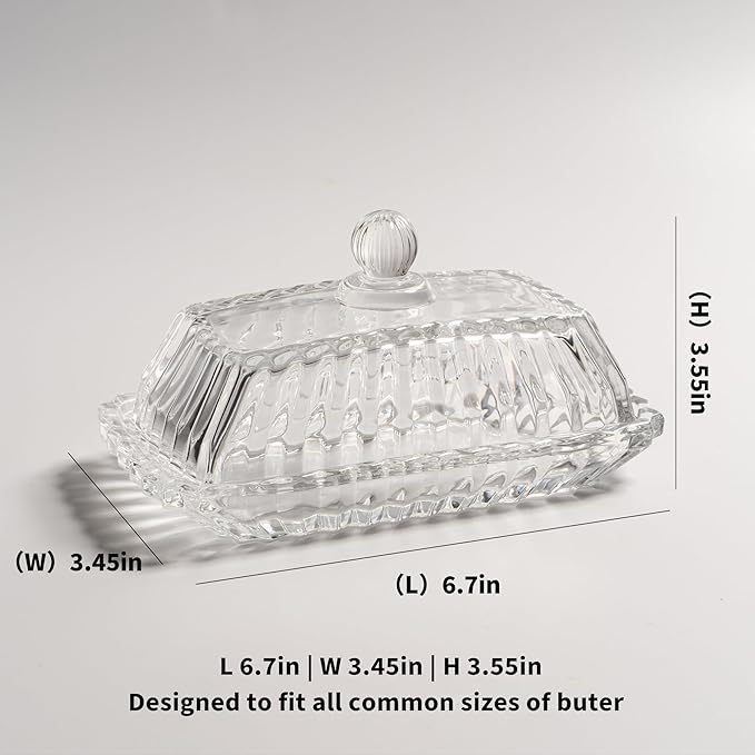 Clear Glass Butter Dish with Lid, Covered Butter Stick Holder Tray, Crystal Glass Butter Storage Container for Fridge Countertop
