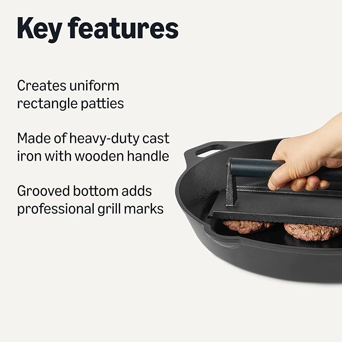 Amazon Basics Cast Iron Burger Press with Wooden Handle, Rectangle, 8.11 x 4.2 x 2.7 inch, Black, 1-Pack