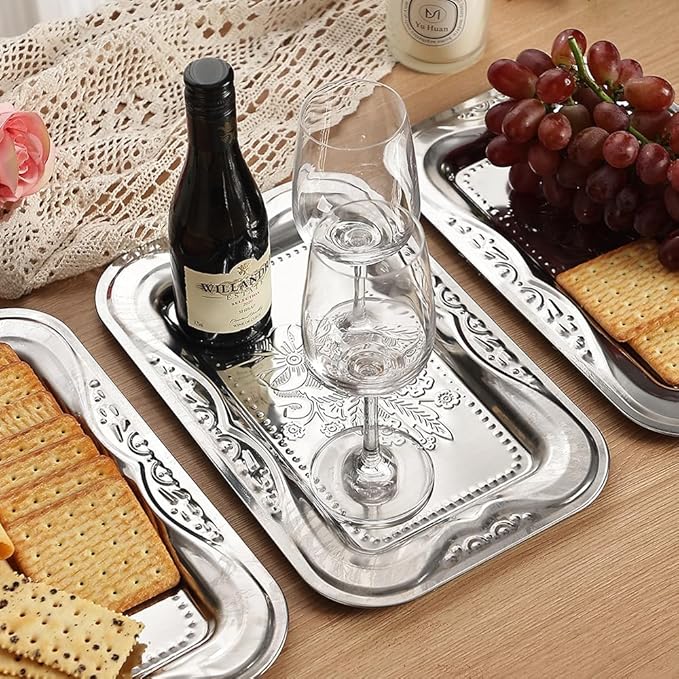 4-Pack Silver Serving Trays Set - ZENOVLUX Lightweight Bow Floral Engraved Mirror Decorative Tray, 13.8" x 8.7" Party Platters for Valentine's Day, Food, Appetizer, Charcuterie, Cookies, Desserts
