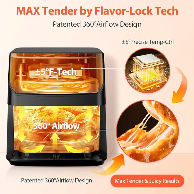 Beelicious 5.8QT Large Air Fryer, 12-in-1 Digital Airfryer with View Window, 40+ Recipes, Flavor-Lock Tech, Dishwasher Safe,Shake Reminder, Compact, Quiet, Nonstick. Black
