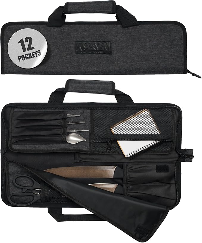 Asaya Chef Knife Roll Bag - 12 Pockets for Knives and Kitchen Utensils - Lightweight, Durable, and Stain Resistant Nylon - Perfect for the Traveling Chef - Knives not Included