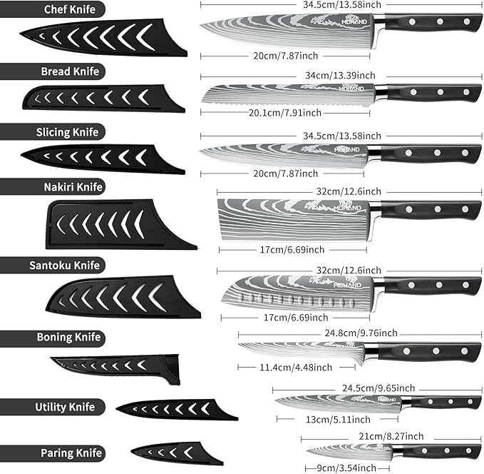 MDHAND Professional Chef Knife Set with Roll Bag, 9PCS Japanese Kitchen Knife Set with Sharpener, High Carbon Stainless Steel Kitchen Knives - Forged Triple Rivet, Dishwasher Safe, Chef Gifts, Black