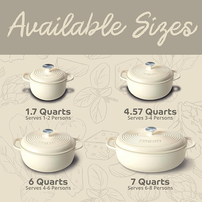 Segretto Cookware 1.7-Quart Enameled Cast Iron Dutch Oven with Lid – Bianco Perla (Pearl White) Small Camping Pot for Bread Baking & Cooking