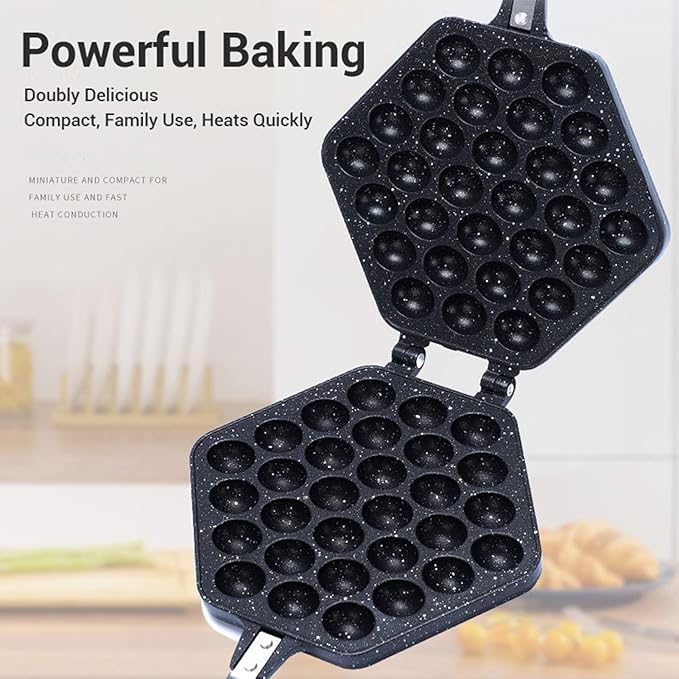Tnfeeon Bubble Waffle Pan Cast Aluminum Stovetop Maker, Double Sided Egg Waffle Iron with Fixed Bracket and Anti Scald Handles for Home Kitchen Cafe Use