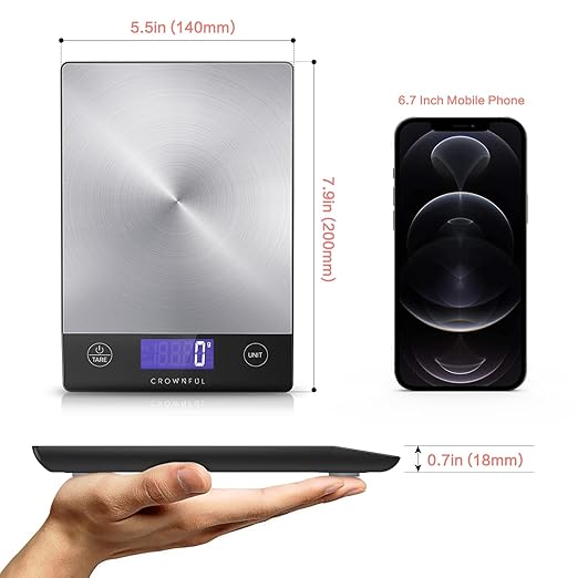 CROWNFUL Food Scale, 33lb Rechargeable 304 Stainless Steel Digital Kitchen Scale Weight Grams and Ounces with LCD Display and Type-C Charging for Meal Prep, Baking and Cooking