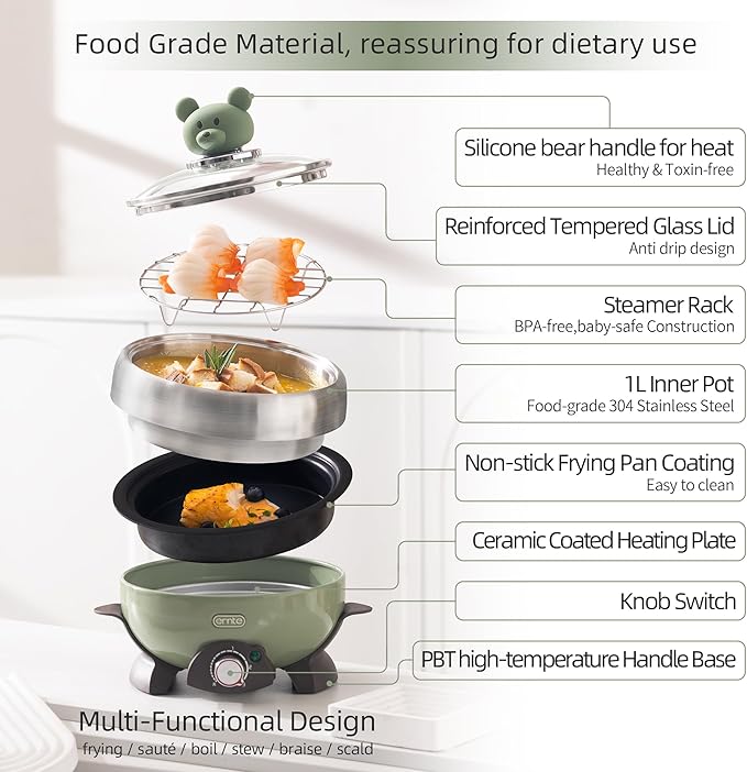 1L Portable Electric Hot Pot, All-in-One Mini Cooker (Steam/Boil/Fry) with 304 Stainless Steel Pot for Camping/Travel/Dorm, Non-Stick Pan for Cooking for 1 Person, FDA Certification