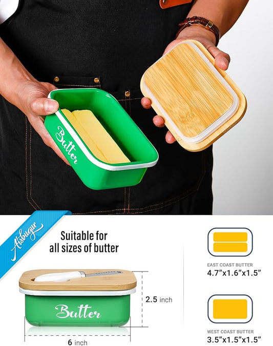 Butter Dish, Butter Dish with Lid for Countertop,Metal Butter Keeper with Stainless Steel Multipurpose Butter Knife, Large Butter Container with quality Silicone Good Kitchen Gift,Grass Green