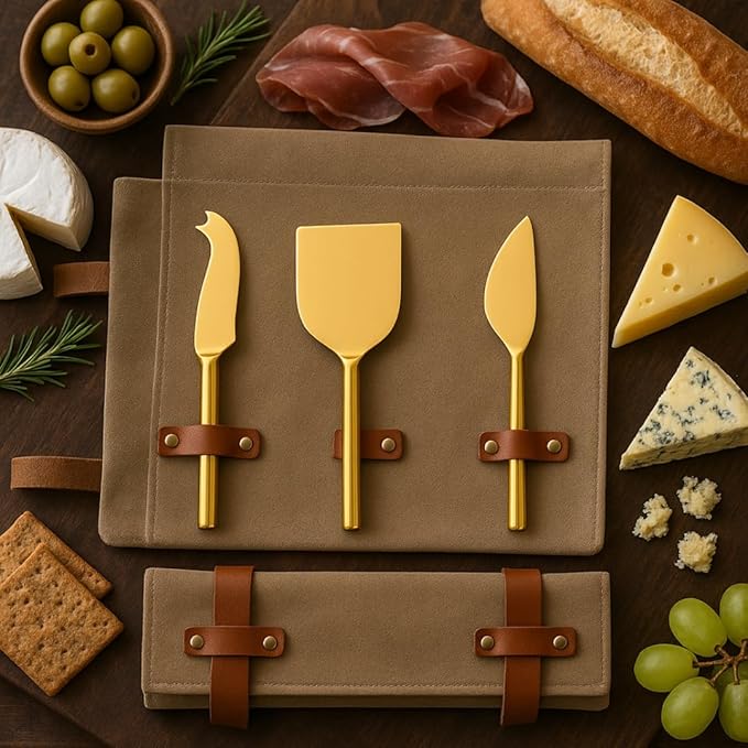 Cheese Knife Set for Charcuterie Board – 3-Piece Gold Stainless Steel Cheese Knives with Leather Pouch – Elegant Charcuterie Tools, Utensils Set
