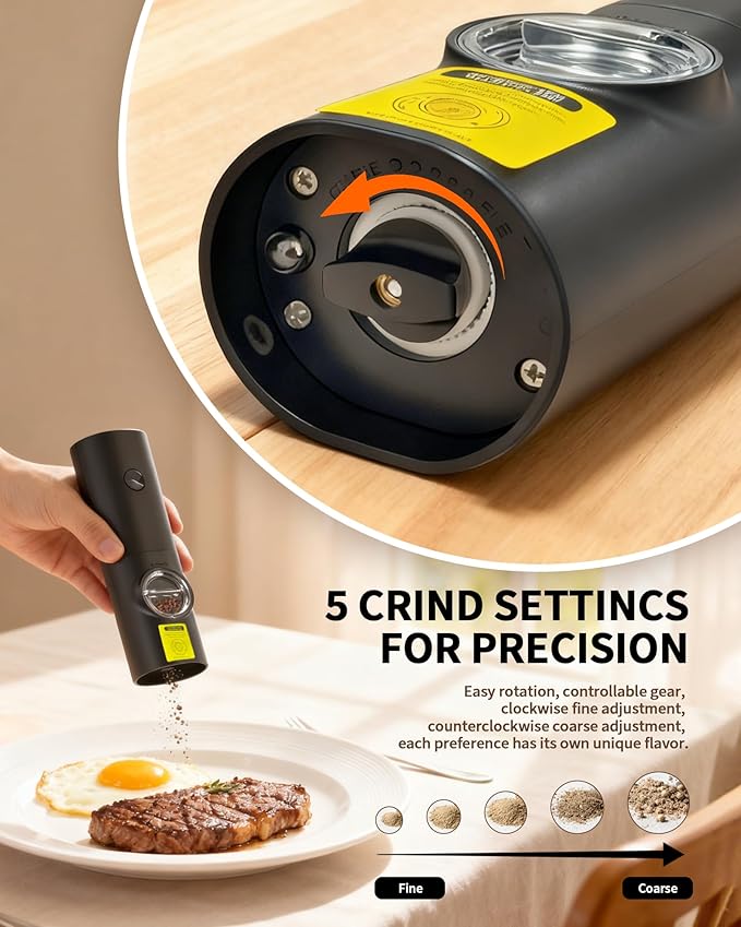 Automatic Salt and Pepper Shakers, Electric Grinder Set with 5 Adjustable Coarseness & LED, Spice Mill One-Hand Operation, Battery Powered, Ideal Gourmet Kitchen Gifts 1 Pack