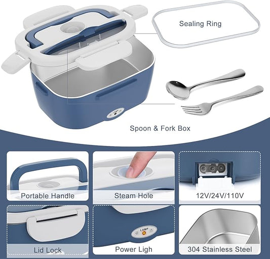 Electric Lunch Box Food Heater - 3 in 1 Portable Leakproof Heated Lunch Box for Car/Home/Adults with 1.5L Removable 304 Stainless Steel Container, 60-80W, 12V/24V/110V(Grey Blue)
