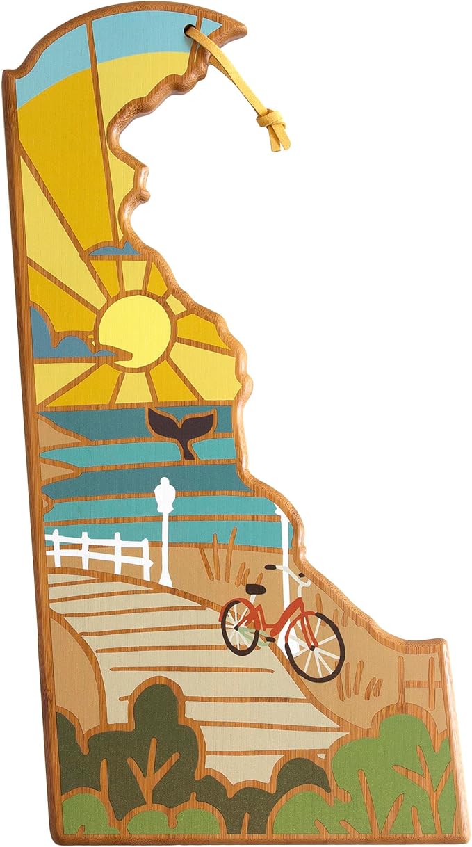 Totally Bamboo Delaware State Shaped Cutting Board and Charcuterie Serving Platter with Artwork by Summer Stokes, Includes Hang Tie for Wall Display